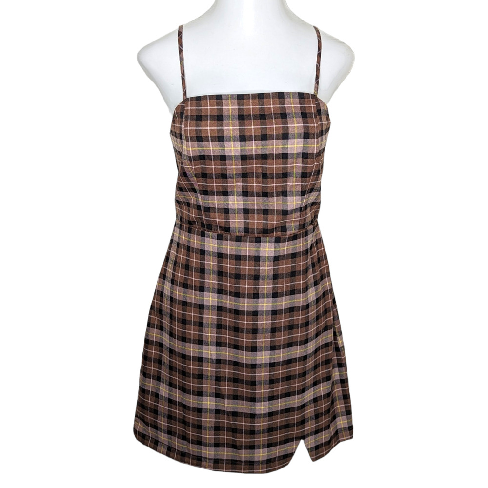 GIANNI BINI Brown Plaid Pinafore Mini Dress Slit Adjustable Size XL 90s Y2K